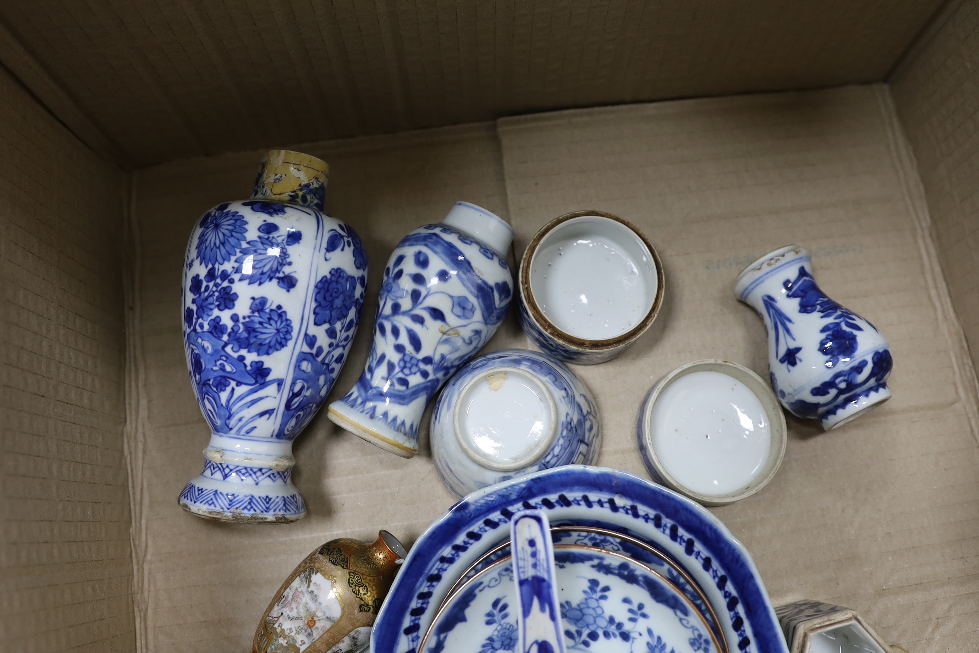 A group of Chinese blue and white vases, box and tea wares, Kangxi to 19th century and other ceramics